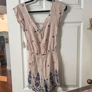 Love Tree Beige Romper with Navy Embroidery